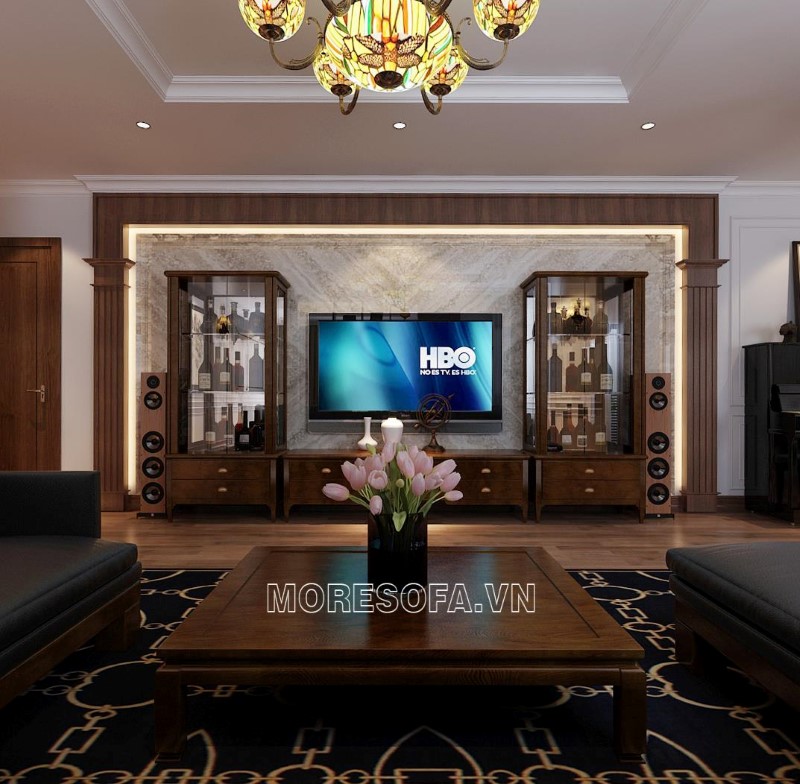 Ghế sofa góc gỗ bọc da màu đen